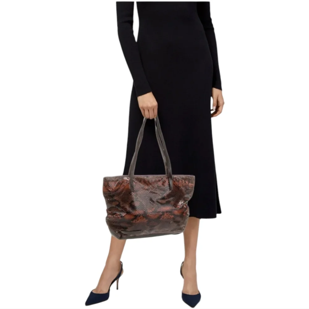 Falor Italian Leather Snakeskin Embossed Shoulder Bag Brown Black - Picture 14 of 14